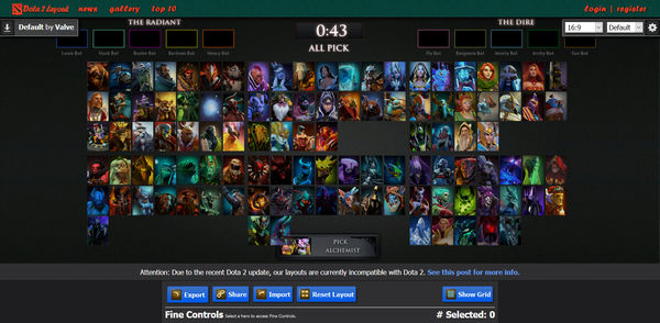 Dota 2 Layout website screenshot - Cropped image of the editor home page, including a header menu, main editor body with hero images in a grid, and editor controls