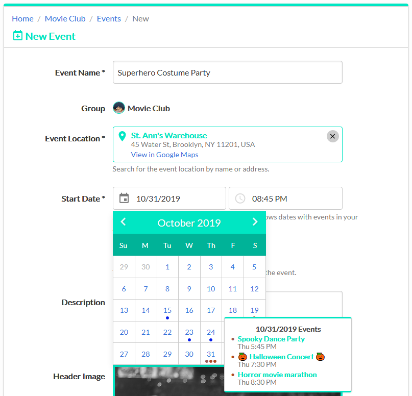 GroupCalendar Event form screenshot with datepicker widget open
