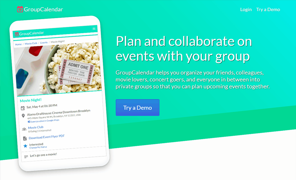 GroupCalendar home page screenshot - banner with turquoise background, app slogan ('Plan and collaborate on events with your group'), app sample image on tablet device, Try Demo button