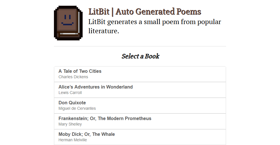 LitBit website screenshot - Shows the header logo and slogan, as well as a cropped list of available book titles and authors
