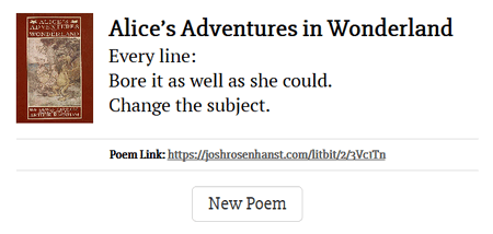 LitBit sample poem screenshot. The poem is generated from Alice's Adventures in Wonderland and the image shows the book's title and poster, followed by the generated poem, and a permalink to the poem.