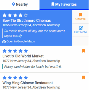 Cropped screenshot showing the results sidebar with the My Favorites tab selected, which shows a list of locations with star ratings and user notes