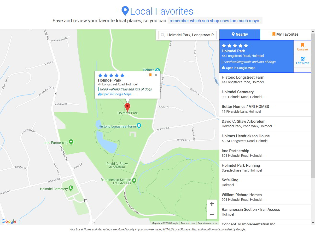 Local Favorites design screenshot showing the layout of the app including header logo and slogan, Google Map with selected result pin (Holmdel Park) and Sidebar results list