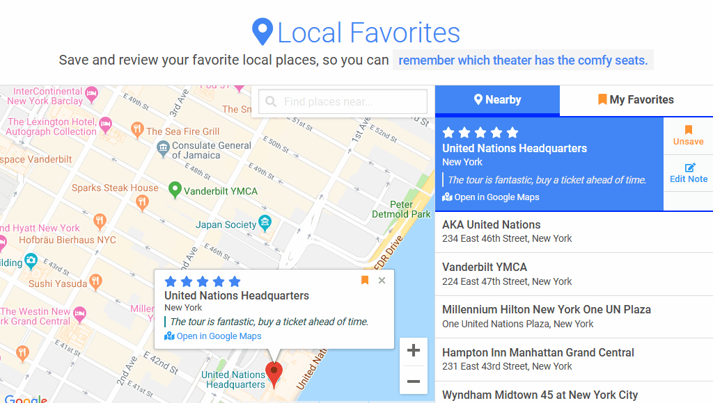 Local Favorites app screenshot - Header with logo and slogan, Body with Google Map showing selected result pin (United Nations Headquarters) and Sidebar with list of map results