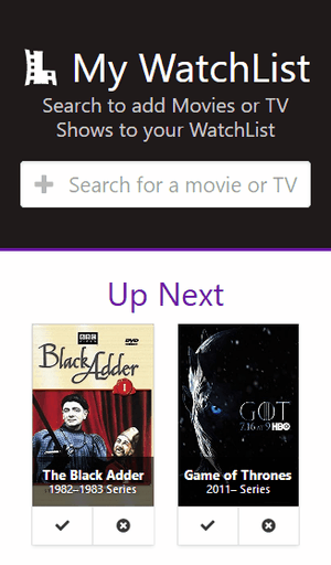 Cropped screenshot of the app showing its responsive mobile design, including the header and the Up Next section with 2 items. The 2 items include movie posters, overlay title text, and icon buttons