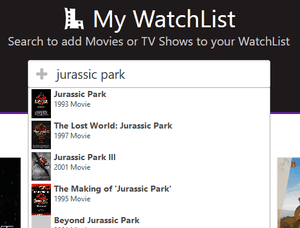 Cropped screenshot showing the header search bar with autocomplete results for 'jurassic park'. The autocomplete results include a poster thumbnail, title, year, and content type