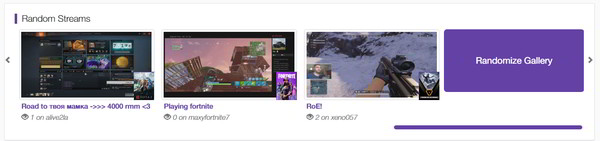 Thubmnail Gallery screenshot showing 3 random Twitch.tv stream thumbnails and a Randomize Gallery button