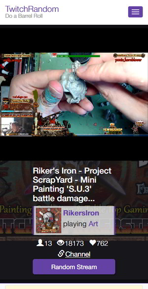 TwitchRandom mobile responsive design screenshot showing how the website looks in a mobile browser. The header menu shows a logo, slogan, and a collapsed menu button. The main stream video and details are displayed vertically.