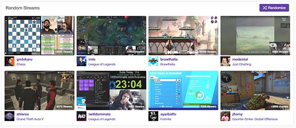 Thubmnail Gallery screenshot showing 8 random Twitch.tv stream thumbnails and a Randomize Gallery button
