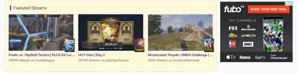 Featured Streams screenshot showing thumbnail images of the 3 Twitch.tv featured streams and a square ad
