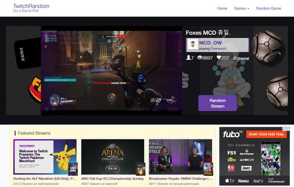 TwitchRandom website screenshot - Cropped image shows the website's header menu, main banner with Twitch stream video and details, and Featured Streams section with thumbnails and a square ad
