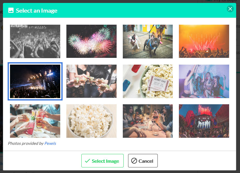 Promotional Image - Screenshot of 'Select an Image' popup modal used on New Event page. The popup includes a grid of images that can be selected